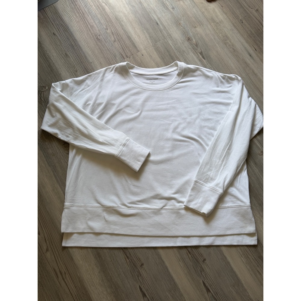 Eileen Fisher White Organic Cotton Stretch Crewneck Sweatshirt Small Minimalist